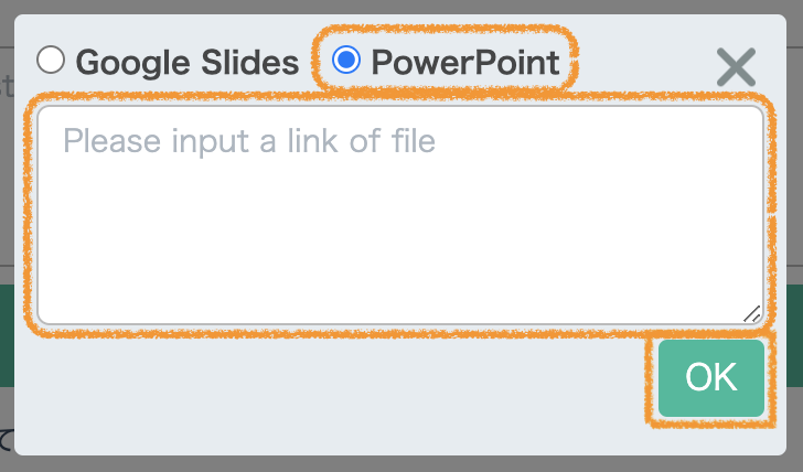 コピーした埋め込みコードをいじらずにそのままテキストボックスにペーストし、「PowerPoint」を選択して「OK」ボタンをクリック