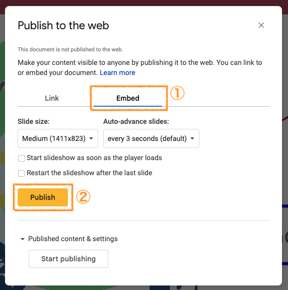 Click 'Embed' tab → 'Publish'.