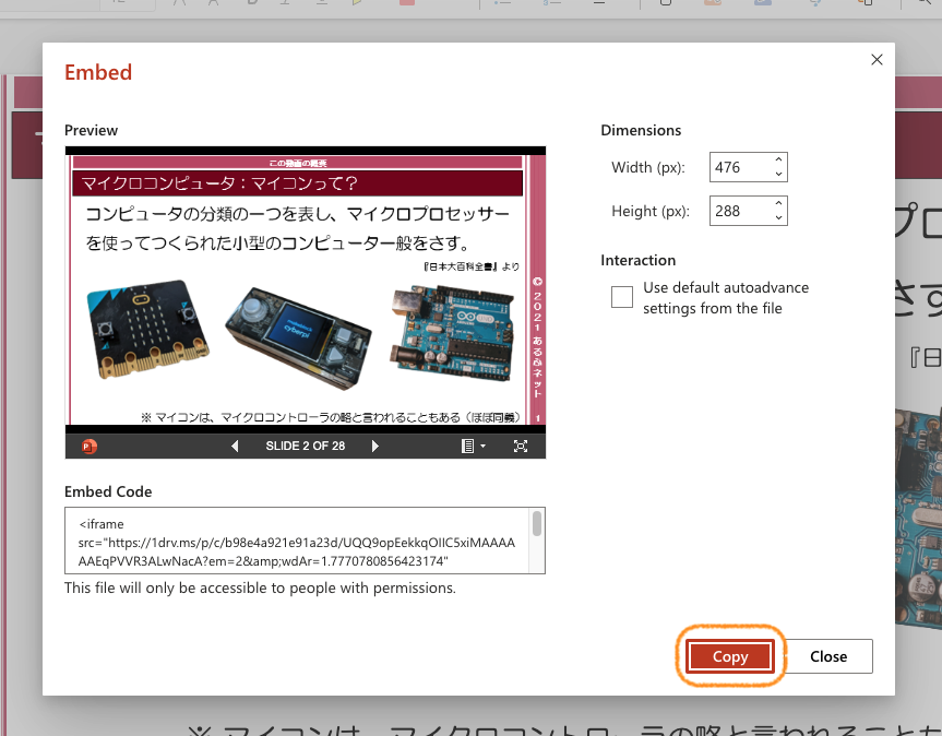 Click 'Copy' without editing the embed code.